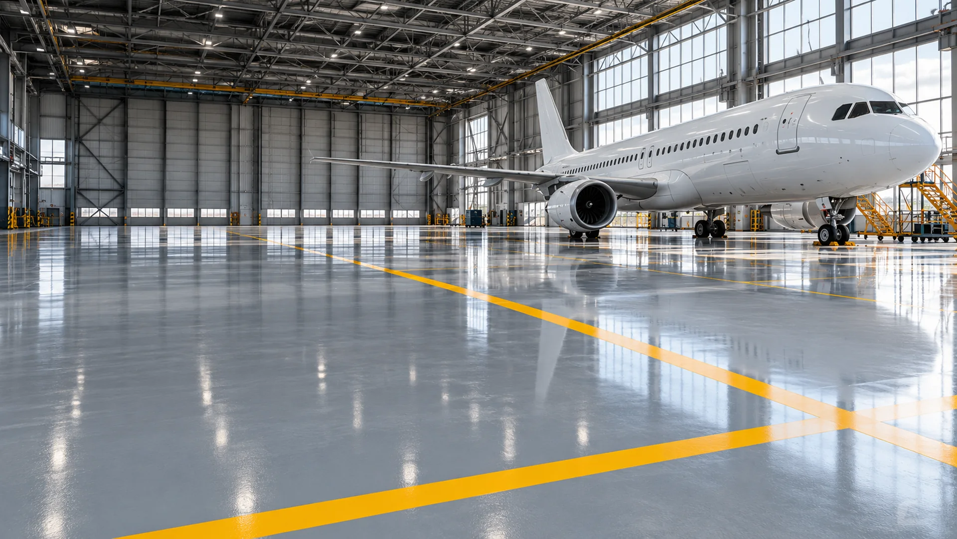 Illustrative aircraft hangar with a grey coated floor and yellow safety markings