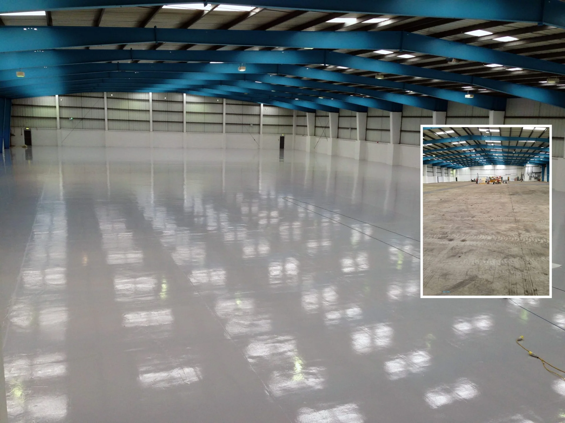 DHL Croydon warehouse with a grey epoxy coated floor and an inset photograph of the floor before refurbishment